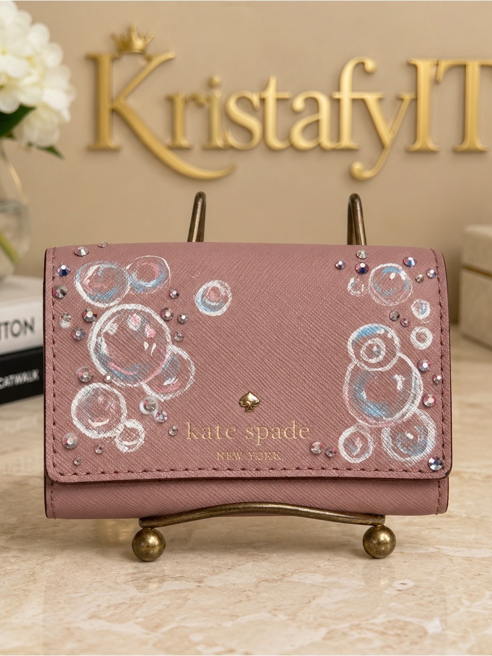 Kate Spade Pink Saffiano Leather Wallet Hand Painted Bubble Art Rhinestone
